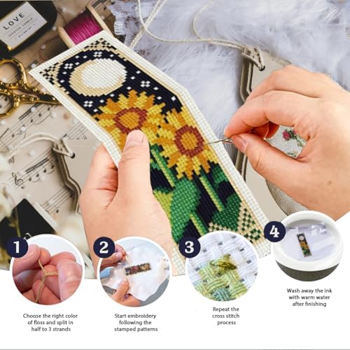 INFUNLY 6PCS Moon Flower Cross Stitch Bookmark Kit 3x8.5 Inch Botanical Stamped Embroidery Bookmark Kits with Moon Rose Lily Mushroom Needlepoint Bookmark Kit with Instruction for Book Lovers Readers - Image 4