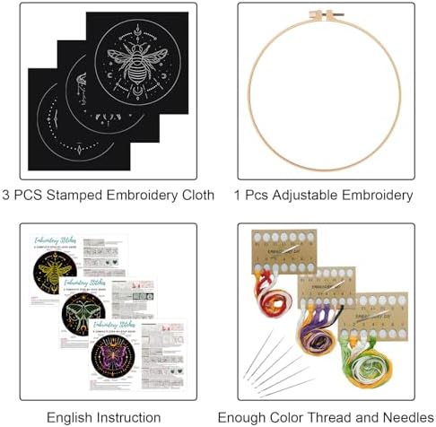 Louise Maelys 3 Sets Tarot Embroidery Kits for Beginners,Cross Stitch Kit for Adults,Crewel Starters Needlepoint with Moon, Butterfly, Bee and Moth Pattern and Tool - Image 2