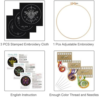 Louise Maelys 3 Sets Tarot Embroidery Kits for Beginners,Cross Stitch Kit for Adults,Crewel Starters Needlepoint with Moon, Butterfly, Bee and Moth Pattern and Tool - Image 2
