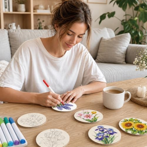 26PCS Wood Coasters Craft Kit 10 Paint You Own Coaster with 16 Pens Wooden Coaster Painting Set for Adults and Beginners Coasters for Drinks Bouquet Painting Crafts Art Supplies (Bouquet) - Image 6