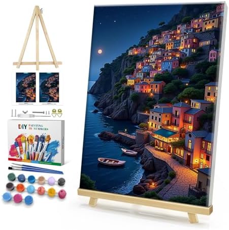HeeBenor Framed Paint by Numbers Kit for Adults, Seaside Town, 8x12 Inch by HeeBenor