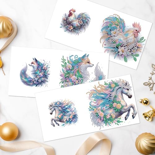 AiYuanzsh Set of 6 Animal Diamond Painting Greeting Cards - Rooster, Turtle, Elephant, Horse, and Fox Designs 5D DIY Craft Kits with Colorful Rhinestones Diamond, Perfect for Birthday and Anniversary - Image 4