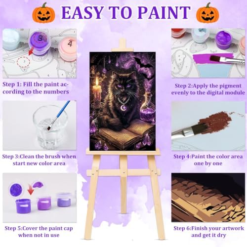 NAIMOER Halloween Paint by Numbers Kits for Adults Beginner with Wooden Framed, Black Cat Magical Color by Numbers on Canvas Painting Kits for Adults, Easy Paint DIY Acrylic for Home Decor 8X12 Inch - Image 6