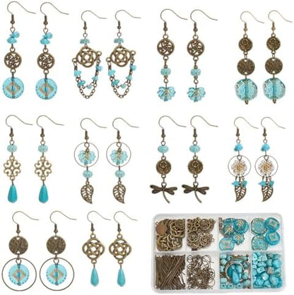 SUNNYCLUE 1 Box DIY 10 Pairs DIY Boho Earring Kit Bohemian Findings Charms Acrylic Alloy Golden Metal Enlaced Vintage Turquoise Antique Tibetan Flowers Link Charms for Jewelry Making Kits Starters by SUNNYCLUE