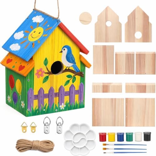Bird House Kit, Large DIY Wooden Birdhouse Kits Including Paints and Brushes, Arts and Crafts Painting Kits for Kids, for Garden Yard Decor Gifts by Unknown
