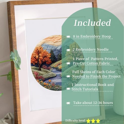 FONNUY Embroidery Kit for Beginners, Boho Nature Landscape Pre-Stamped Pattern Kits for Adults with Hoop, Easy to Follow Color Thread Needlework, 8'' Hoop (Mountain Trail) - Image 3