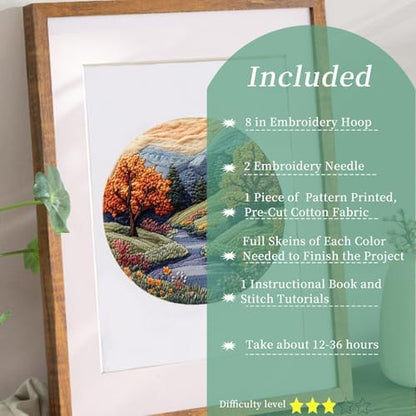 FONNUY Embroidery Kit for Beginners, Boho Nature Landscape Pre-Stamped Pattern Kits for Adults with Hoop, Easy to Follow Color Thread Needlework, 8'' Hoop (Mountain Trail) - Image 3