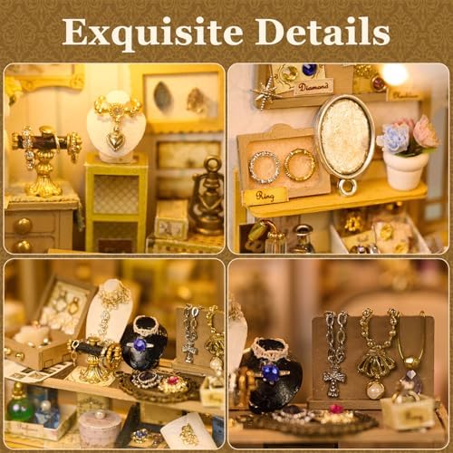 fifijoy DIY Miniature Dollhouse Kit - Jewelry Shop DIY Miniature House Kit for Adults and Teens, 3D Wooden Puzzle Tiny House Model with LED Light, Unique Gift for Family, Friends (Vitrine’s Tale) - Image 4
