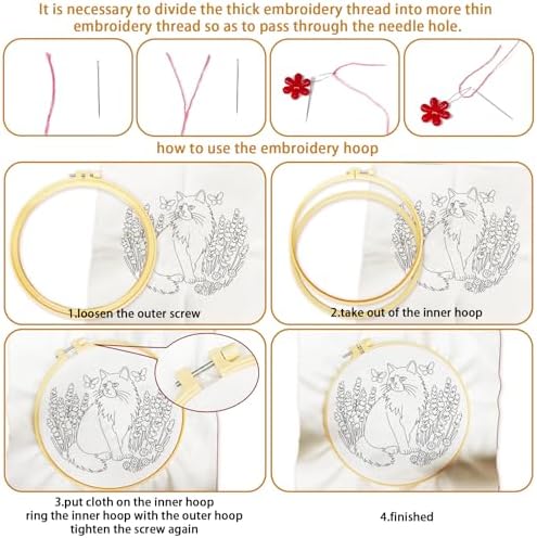 BEUNITONE 4 Set Embroidery Kit for Beginners, Cat and Butterfly Pre-Stamped Pattern Needlepoint Kits for Adults with Hoop and Instruction, Cute Hand Embroidery Patterns for Cloth and Home Decor - Image 3