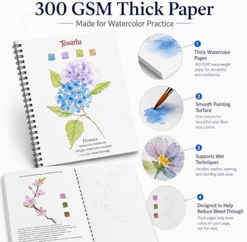 Teswarha Flowers Watercolor Workbook With12 Sheets 300GSM Art Paper 16 Colors Watercolor Paint Set with 2 Watercolor Brushes Water Coloring Book Kit for Adults Teens 8.2 x 9.8in - Image 2