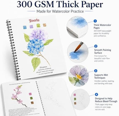 Teswarha Flowers Watercolor Workbook With12 Sheets 300GSM Art Paper 16 Colors Watercolor Paint Set with 2 Watercolor Brushes Water Coloring Book Kit for Adults Teens 8.2 x 9.8in - Image 2