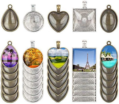 60Pcs Pendant Trays 5 Styles Resin Jewelry Making Kit with Glass Cabochons by HOMEIDOL