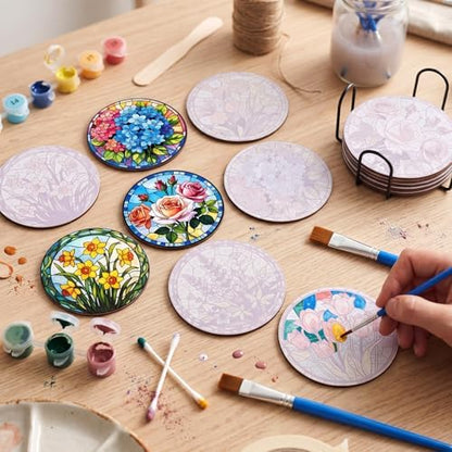 Reallnaive 8 Pcs Flower Paint by Numbers Kit for Adults Wood Floral Coaster - Image 2