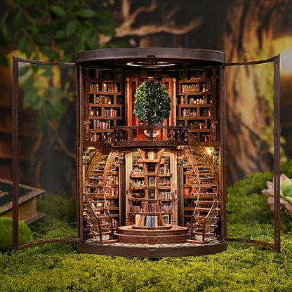 DIY Book Nook Kit with LED Light, Miniature Dollhouse, 3D Wooden Puzzle, Bookshelf Insert Decor Craft Gift (Wisdom Rings Book Repository) - Image 3