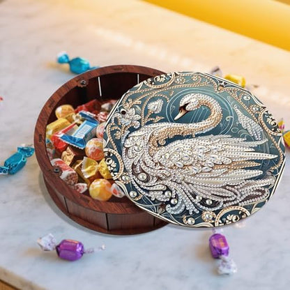 antor Swan Diamond Painting Storage Box, Round Wooden DIY 5D Crystal Diamond Art Painting Tabletop Ornament Organizer, Jewelry or Trinket Storage Gift, Home Office Decor Crafts - Image 6