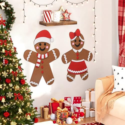 2 Pcs DIY Felt Christmas Gingerbread Man Set with 50 Pcs Detachable Ornaments Large Gingerbread Man DIY Decorations Christmas Door Wall Hanging Xmas Gifts for Xmas Winter Holiday Party Decorations - Image 5
