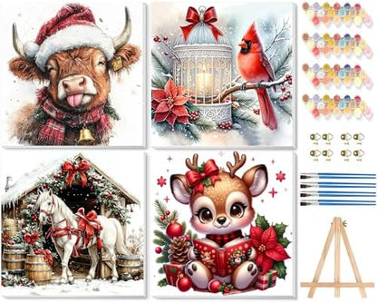 VIGEGU 4 Pack Christmas Paint by Numbers Kit for Adults with Framed,Cow Horse Deer Cardinal Lantern House Paint by Number DIY Adult Paint by Number Kits for Wall Decor 10x10in by VIGEGU