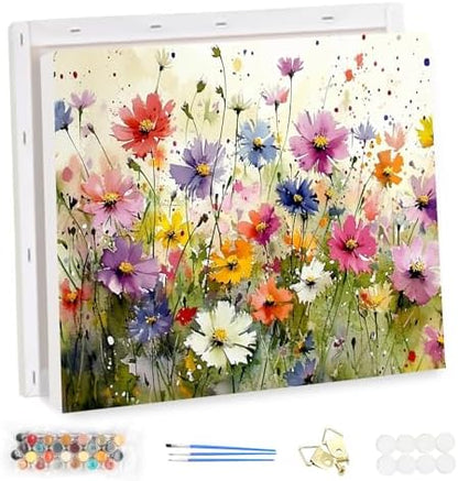 EOBROMD Framed Paint by Numbers Kits for Adults Wild Flowers, DIY Painting Kits for Adults Beginner, Painting on Stretched Canvas Oil Paint by Numbers for Home Decor Gift 16x12inch by EOBROMD