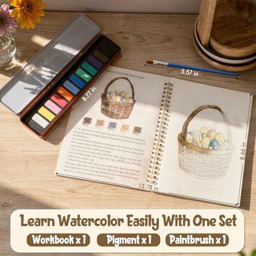 Watercolor Workbook - Beginner Friendly Watercolor Kit with 12 Colors Paint Set, Brush & Coloring Book, Adult Watercolor Painting Book & Learning Workbook for Teens（Easter） - Image 2