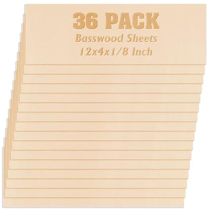 36 Pack Basswood Sheets Plywood Board 1/8 Inch Unfinished Wood,3mm Plywood for Laser Cutting,Boards for Crafts for DIY Plywood Sheets Unfinished Wood Boards for Laser Cutting (12inchx4inch)