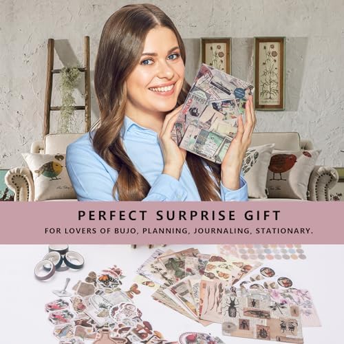 SaFeHoM 212 Pcs DIY Vintage Journal Set for Women Gifts Scrapbook Diary Supplies including Aesthetic Journals, Scrapbook Paper, Washi Stickers, Tape, Dot Stickers - Image 7