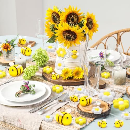SmoothNovelty 35 Pcs Felt Bees Daisy Set for Bee Day Party Decor,15 Mini Honeybees and 20 Felt Sunflower for Beehive Accessories DIY Craft Baby Shower Birthday Gender Reveal Party Supplies - Image 4