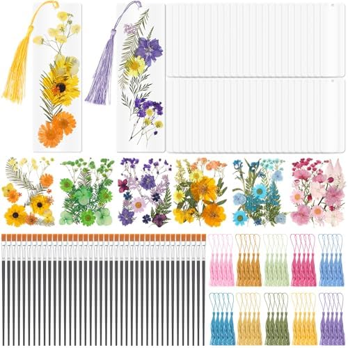 Maitys 250 Pcs Dried Flower Bookmark Making Kit Adult DIY Pressed Flower Transparent Bookmark Craft 50 2x6in Acrylic Blank 50 Tassel 50 Brush 100 Dried Floral Project Party Gift for Adults Reader by Maitys