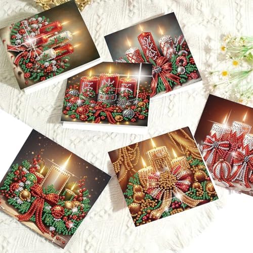 jinglinhh 6pcs Christmas Bow Candle Diamond Art Painting Greeting Cards with Envelopes, DIY Card Making Kits for Adults, Diamond Art Postcards Christmas Cards Craft Gifts - Image 7