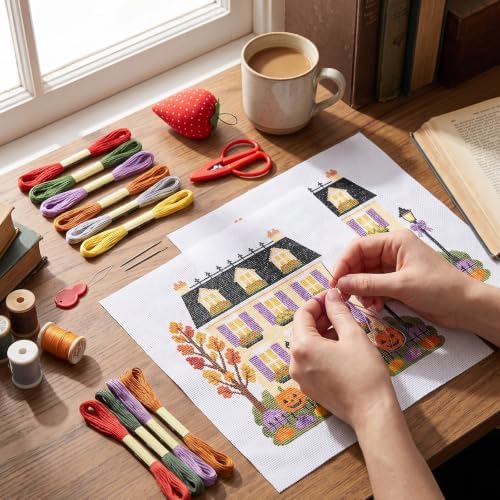 XunYee Needlepoint Canvas Kit, Halloween Happy Neighborhood Trick or Treat Townhouse - Image 6