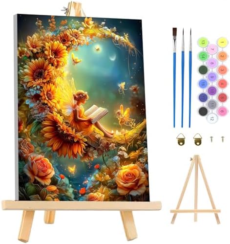 MAXBYE Moon Paint by Numbers Kit for Adults with Frame and Wooden Easel, Fairy Easy Painting Numbers Art Kits with Frame on Canvas, DIY Acrylic Painting Kit for Gift Home Wall Garden Decor 10×14 in by MAXBYE