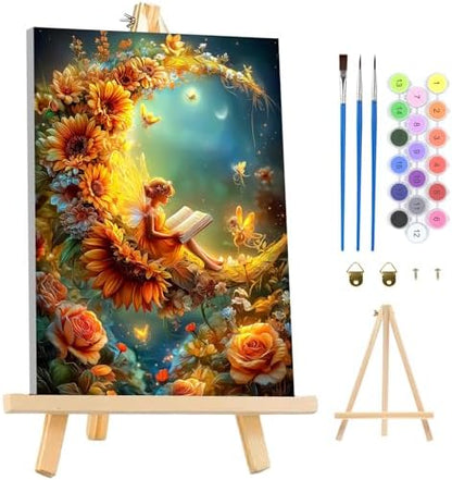 MAXBYE Moon Paint by Numbers Kit for Adults with Frame and Wooden Easel, Fairy Easy Painting Numbers Art Kits with Frame on Canvas, DIY Acrylic Painting Kit for Gift Home Wall Garden Decor 10×14 in by MAXBYE