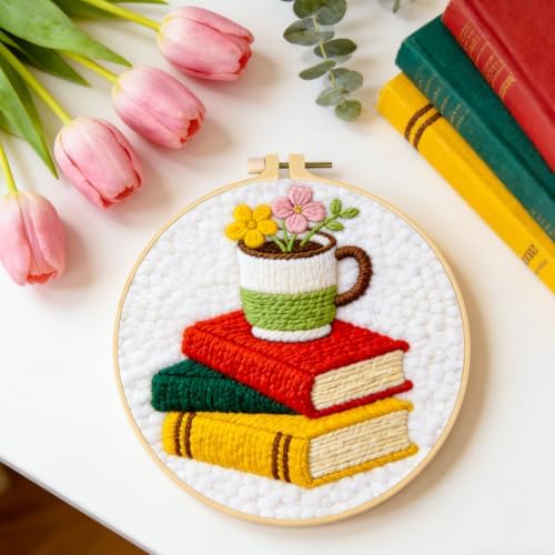 INFUNLY Books Flowers Punch Needle Kit for Beginners Floral Punch Needle Embroidery Kits for Adults 8.7''x8.7'' DIY Punch-Stitching Kit with Instruction Threader Needles Round Hoop for Wall Decor - Image 7