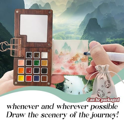 Mini Watercolor Travel Set – 15 Colors Watercolor Paint Set with Wooden Palette, Magnetic Lid, Water Brush, Sketchbook, Clips & Storage Bag, Complete Pocket Painting Kit for Artists, Beginners & Outdoor Sketching - Image 3