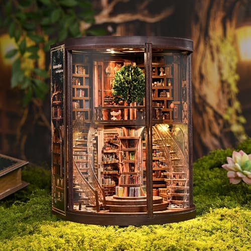 Book Nook Kit for Adults & Teens – DIY Miniature House Library, Wisdom Ring Library 3D Wooden Puzzle Bookend Bookshelf Insert with LED Light, Dollhouse Craft Kit for Decor & Gifts - Image 6