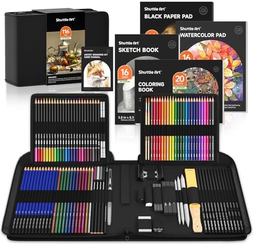 Shuttle Art 116 PCS Drawing Kit, Professional Drawing Supplies with Sketch, Charcoal, Colored, Graphite, Pastel Pencils & Sticks, Complete Drawing Tools and Paper Pads in Zipper Case for Artists&Kids by ShuttleArt