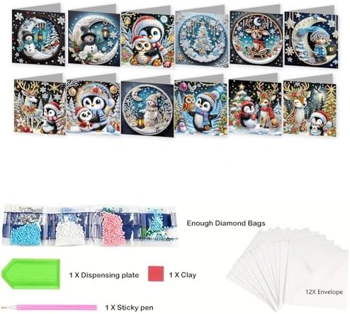 jinglinhh 12pcs Diamond Art Painting Christmas Moon Snowman Penguin Deer Greeting Cards with Envelopes, DIY Card Making Kits for Adults, Diamond Art Christmas Cards for Holiday Gifts - Image 3