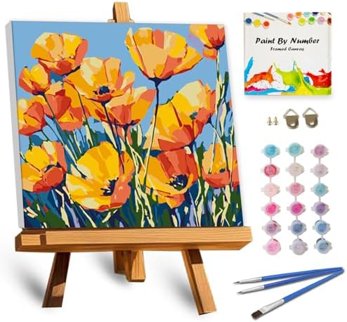 TOCARE Framed Paint by Numbers Kit for Adults, Orange Poppy Paint by Number Framed, Adult Paint by Number Kits on Canvas Framed Flowers for Home Wall Decor (10x10 Inch, Without Easel) by TOCAREDirect