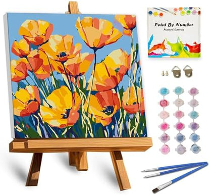 TOCARE Framed Paint by Numbers Kit for Adults, Orange Poppy Paint by Number Framed, Adult Paint by Number Kits on Canvas Framed Flowers for Home Wall Decor (10x10 Inch, Without Easel) by TOCAREDirect