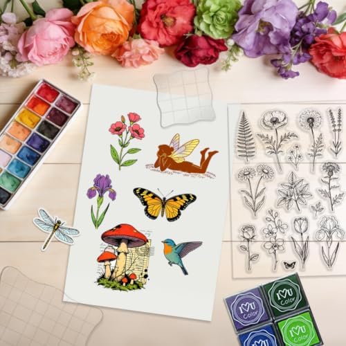 6Pcs Flower Clear Stamps for Card Making, Mushroom Silicone Stamps for Crafting & DIY Scrapbooking, Butterfly Journaling Decor,Flower Fairies,Birthday Words with Blessings - Image 7