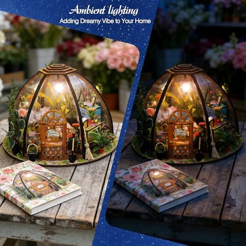 DIY Miniature House Kit, DIY Book Nook with LED Light | 3D Puzzles for Adults and Teens, Tiny Greenhouse Building Kits for Bookshelf Decor, Relaxing Gift for Craft Lovers | Starry Garden - Image 4