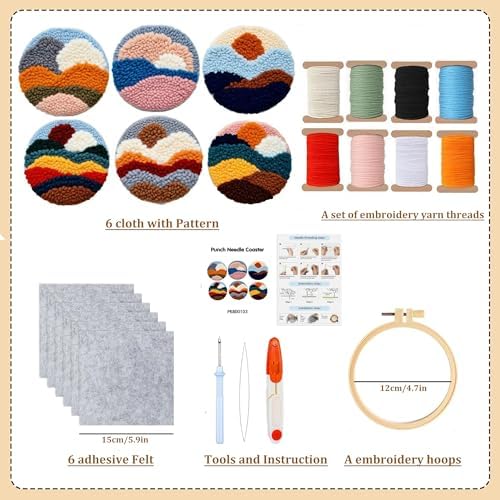 Starter Needle Coasters Kit, Punch Needle Embroidery DIY Set for Beginners Adults, Easy Coasters Kit with Adhesive Felt, Yarns, Embroidery Hoop (Multi landscape1) - Image 2