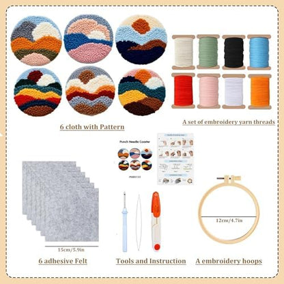 Starter Needle Coasters Kit, Punch Needle Embroidery DIY Set for Beginners Adults, Easy Coasters Kit with Adhesive Felt, Yarns, Embroidery Hoop (Multi landscape1) - Image 2