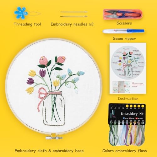 BERYA Flowers Embroidery Kit Including Video Step by Step Instructions Embroidery Hoop,Color Threads and Embroidery Scissors for Beginners-Handmade Needlepoint Kits for Adults - Image 2