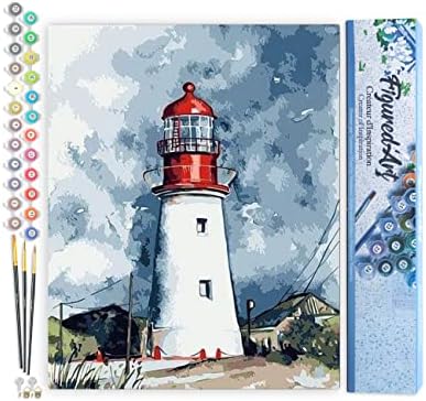 Figured'Art Paint by Numbers for Adults Lighthouse Under a Cloudy Sky 16"x20" - Craft Art Painting DIY Kit Rolled Canvas Without Frame by FiguredArt