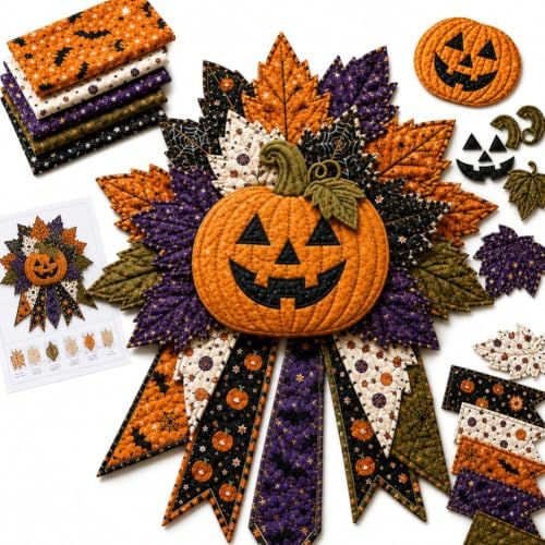 DIY Quilted Halloween Pumpkin Door Hanger Kit Handmade Patchwork by Unknown