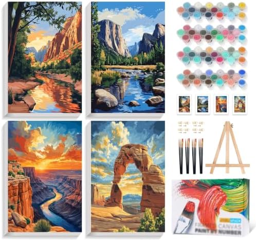 4 Pack Framed Paint by Numbers Kit for Adults National Park, Wooden Easel by Yezavesu