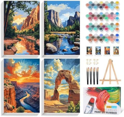 4 Pack Framed Paint by Numbers Kit for Adults National Park, Wooden Easel by Yezavesu