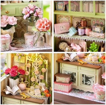 CUTEROOM DIY Miniature House Building Kit for Adults with LED Lights - Realistic Mini Dollhouse Model & Wooden Furniture, Creative Craft Kit for Home Decor Gift- Floral Reverie - Image 6
