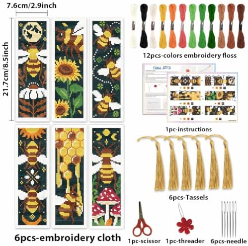 ACRNIGHEET 6PCS Cross Stitch Bookmark Kit for Beginner Stamped Cross Stitch Kits for Adults Retro Bee DIY Tassel Embroidery Bookmark Kits Needlepoint Kit with Instructions Craft Gift 8.5''x3'' 11CT - Image 2