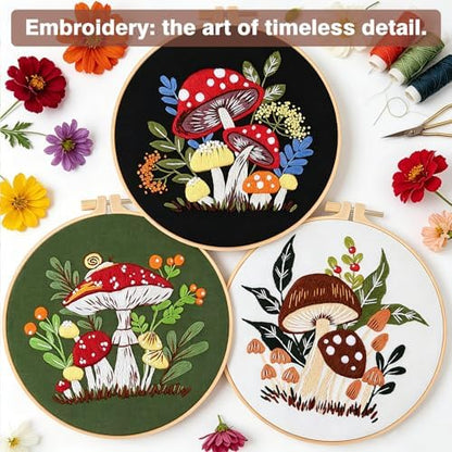 RidaaFri Embroidery Kit for Beginners, 3 Pk Stamped Mushroom DIY Craft - Image 4